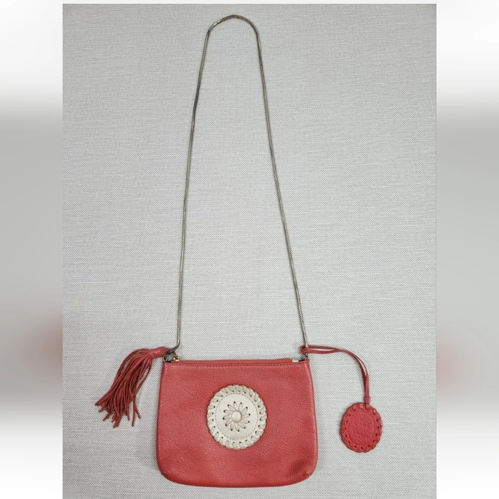 Jack Rogers Leather Small Crossbody Bag Tassel Metal Strap Deep Salmon Color